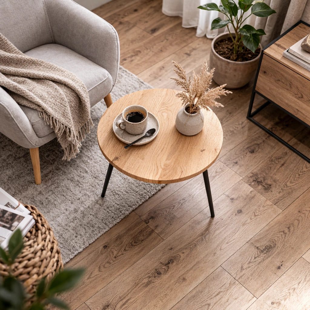 Masuta rotunda de cafea din stejar masiv diametru 50 cm – minimalista, eleganta, gata de montaj