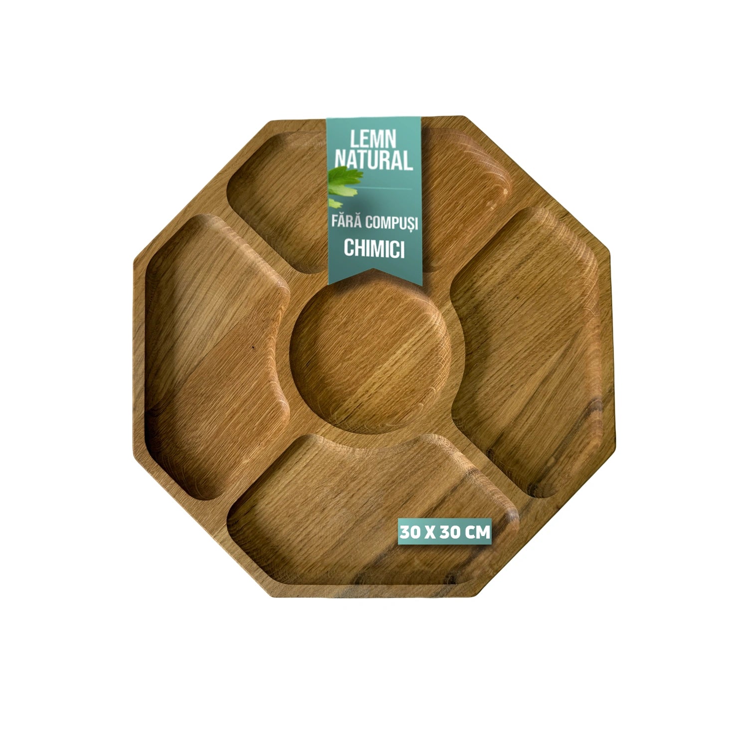 Suport servire octogonal din lemn de stejar cu 5 compartimente – eleganta naturala pentru fiecare masa