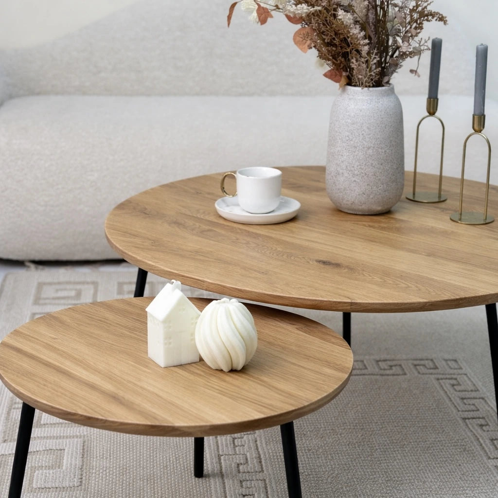 Set 2 Masute Cafea Rotunde Stejar Masiv – 50 cm si 90 cm – Design Modern, Rezistente, Montaj Rapid