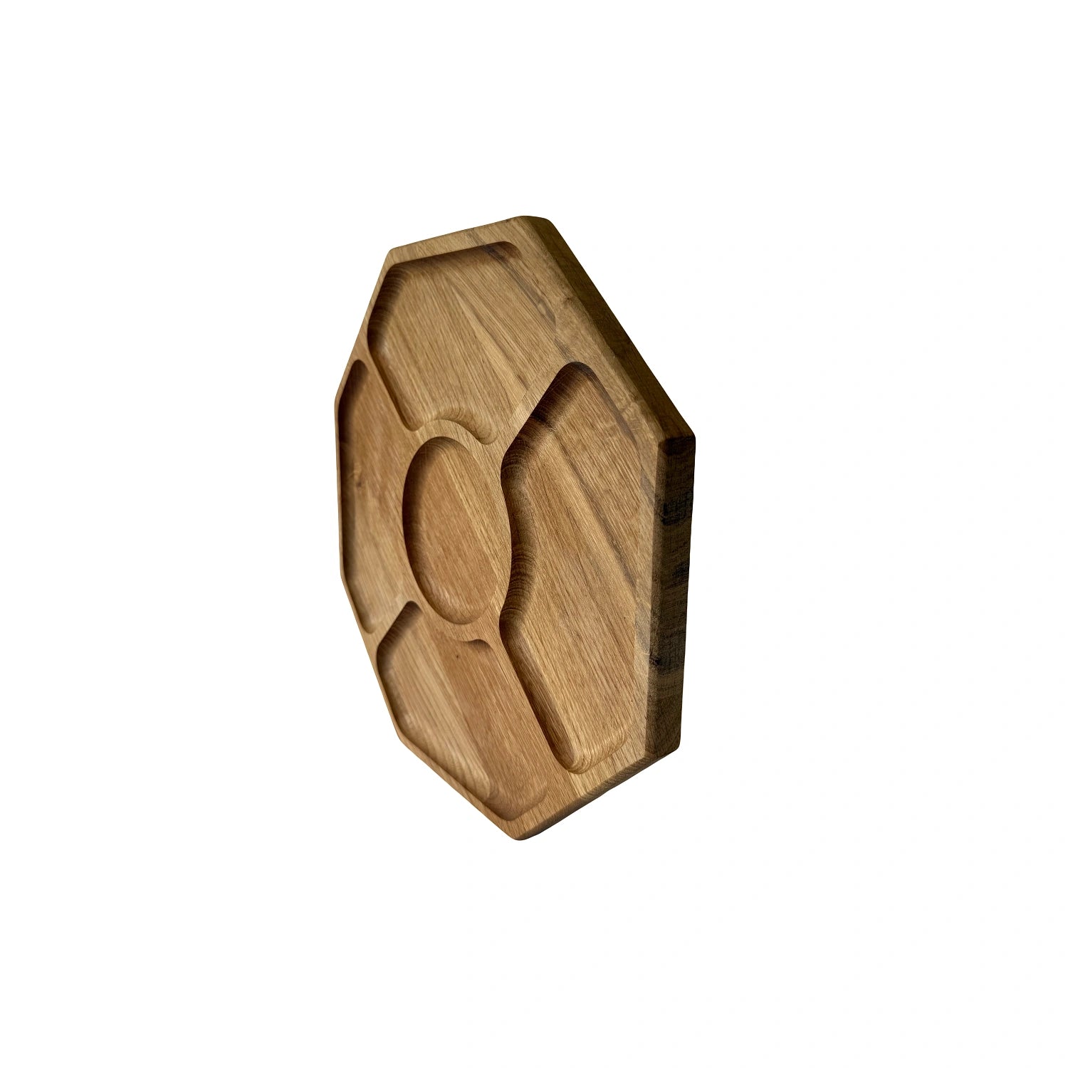 Suport servire octogonal din lemn de stejar cu 5 compartimente – eleganta naturala pentru fiecare masa