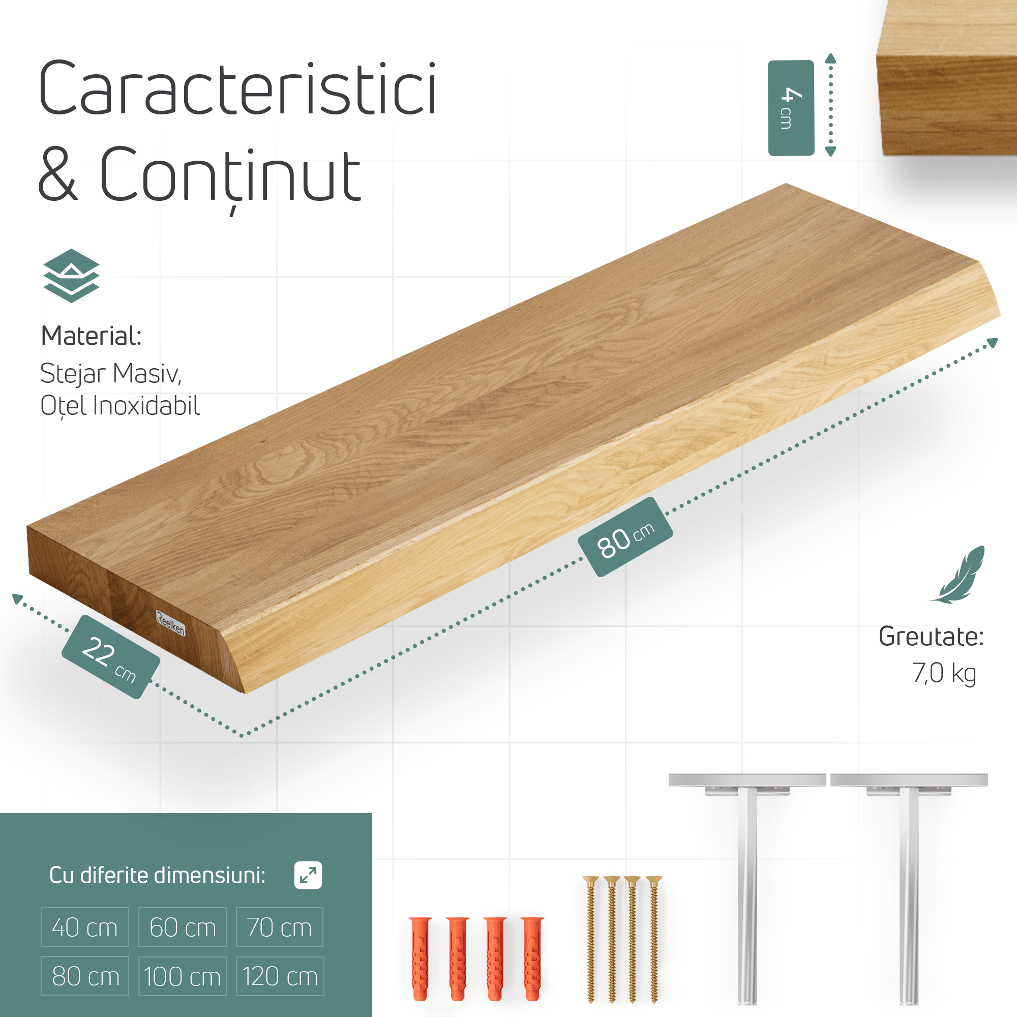 Estantería de madera maciza, fabricada en Roble - cantos naturales 80x22x4 cm