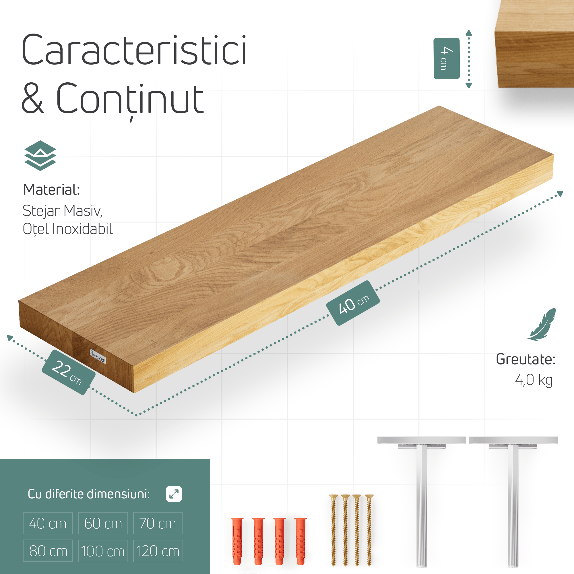 Regal aus massivem Eichenholz – gerade Kanten 40 x 22 x 4 cm