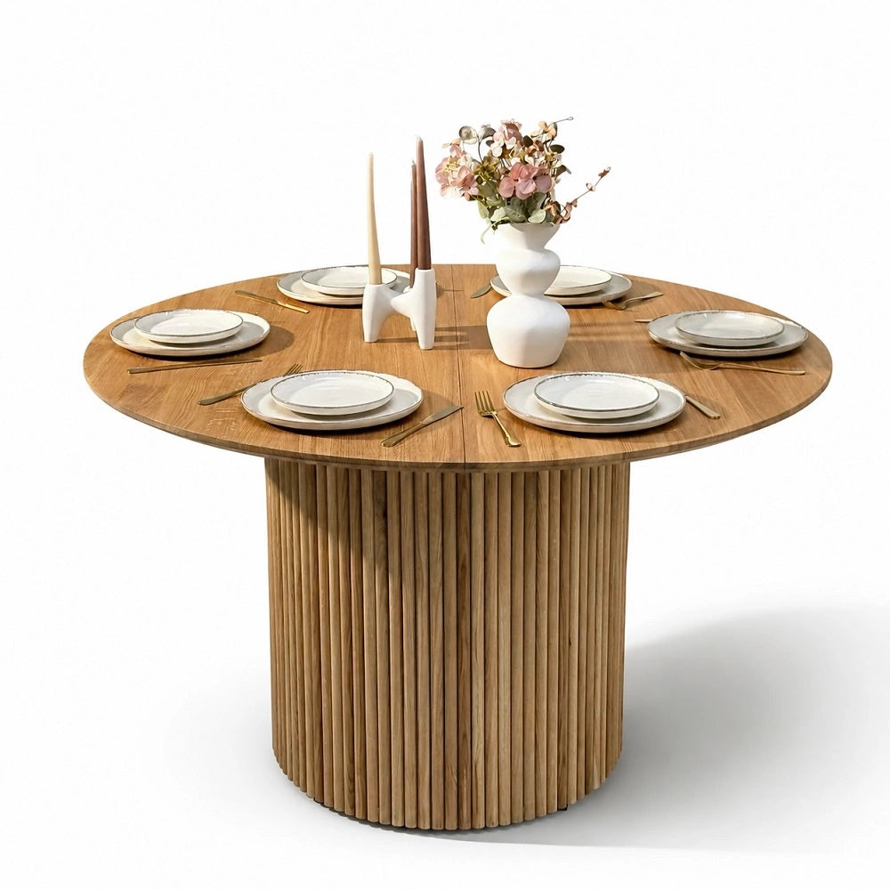 Masa rotunda extensibila din lemn masiv de stejar 115 cm cu picior central rotund