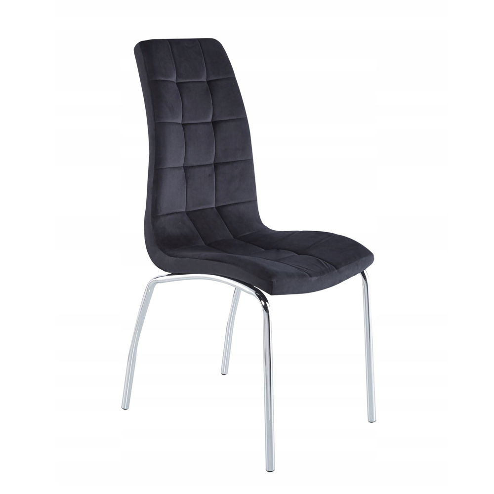 Scaun tapițat, catifea neagră matlasată, picioare metal cromat lucios, pentru dining/living, H 102 cm, sarcină maximă 120 kg