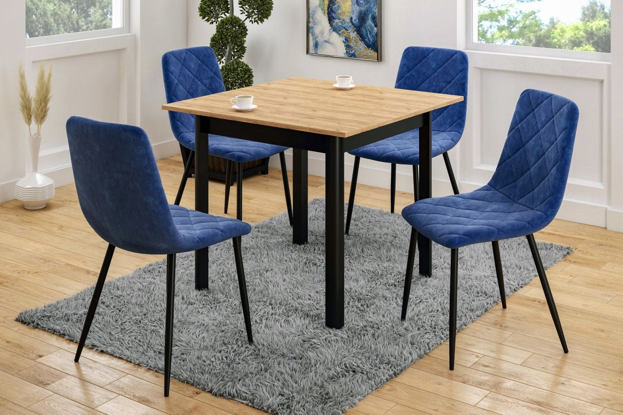 Scaun tapitat din catifea albastra, picioare metalice negre, stil loft, pentru dining/living, 87 cm