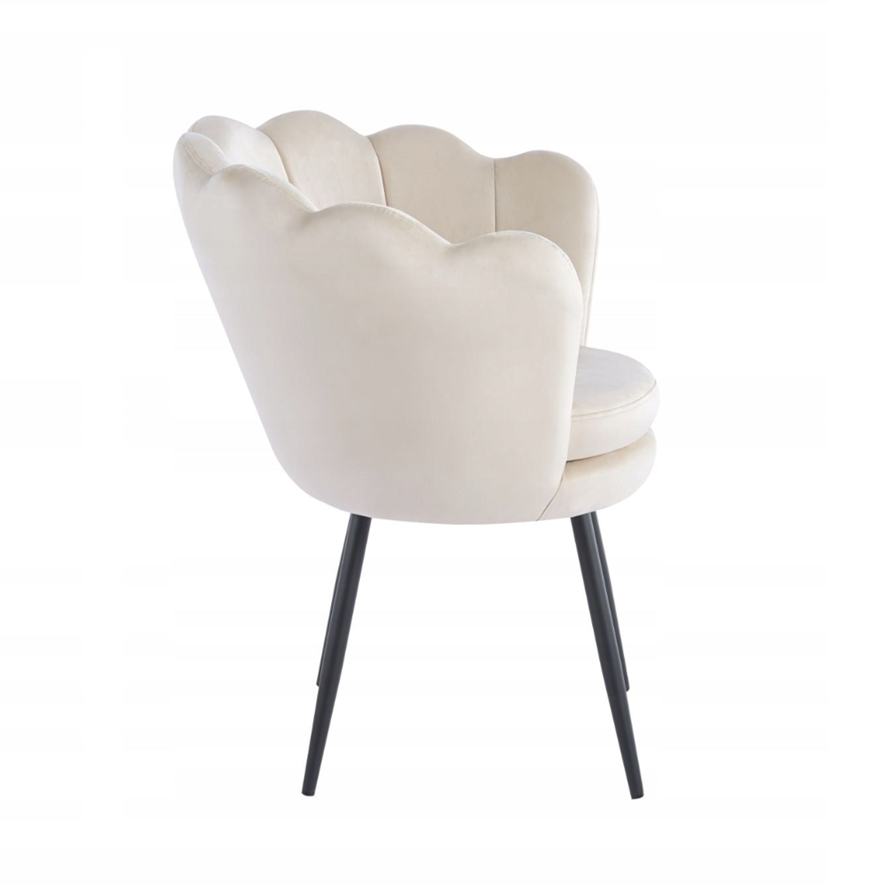 Fotoliu tapitat tip scoica din catifea bej, design modern Glamour, picioare metalice negre, 78x78 cm