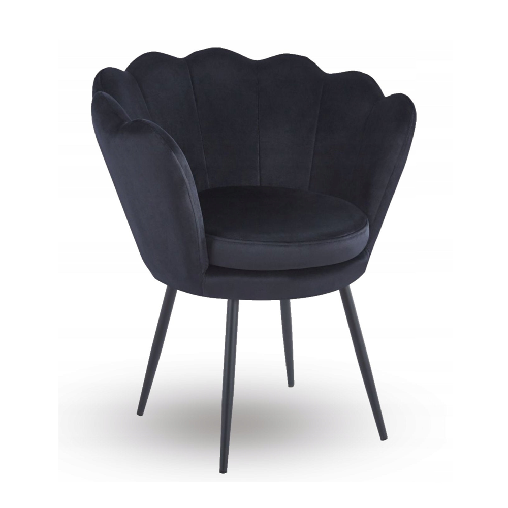 Fotoliu tapitat tip scoica din catifea negru, design modern Glamour, picioare metalice negre, 78x78 cm