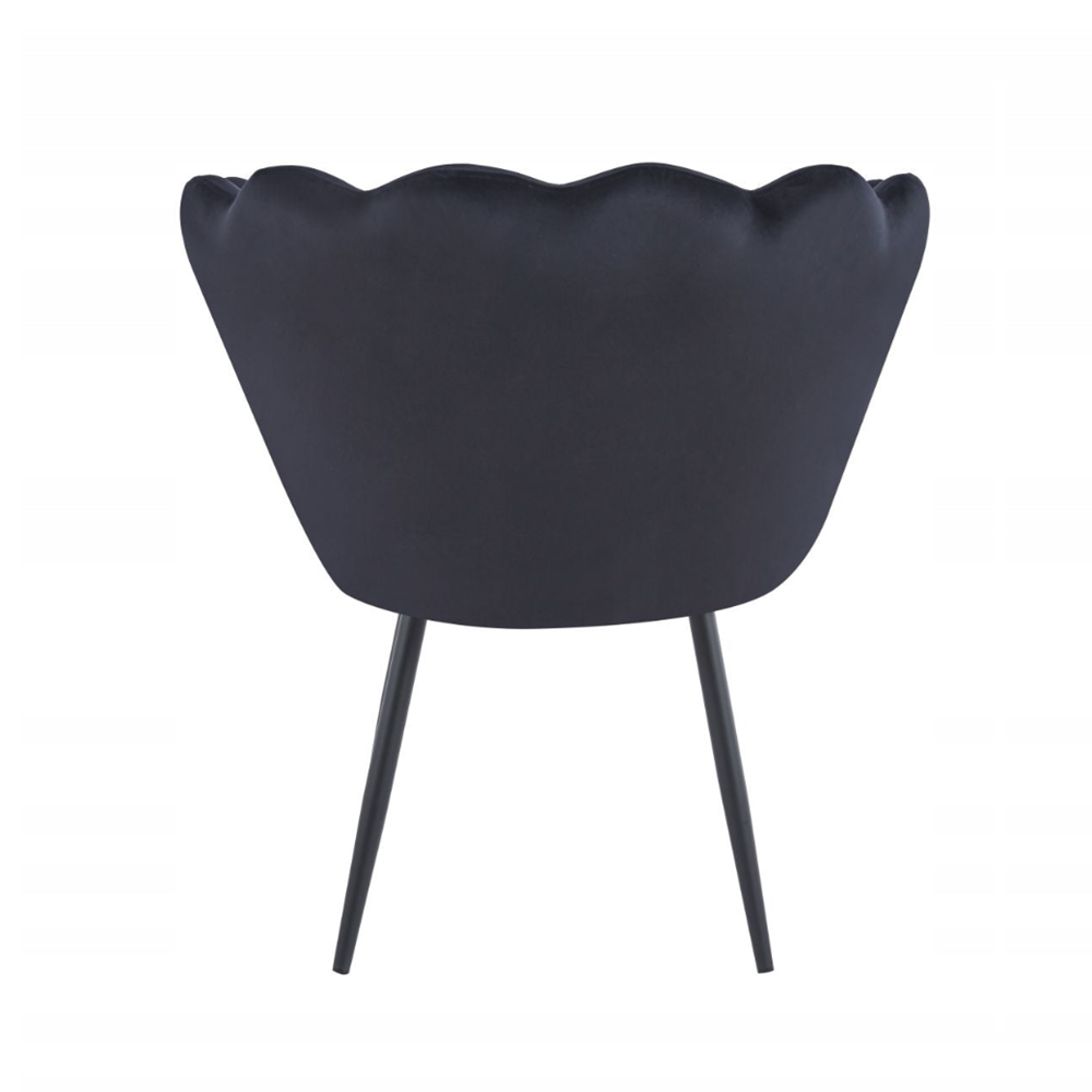 Fotoliu tapitat tip scoica din catifea negru, design modern Glamour, picioare metalice negre, 78x78 cm