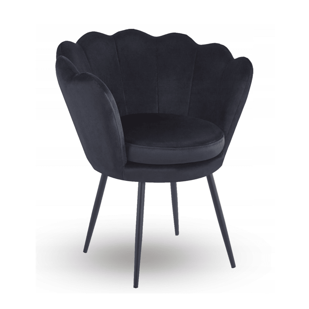 Fotoliu tapitat tip scoica din catifea negru, design modern Glamour, picioare metalice negre, 78x78 cm - Reelken