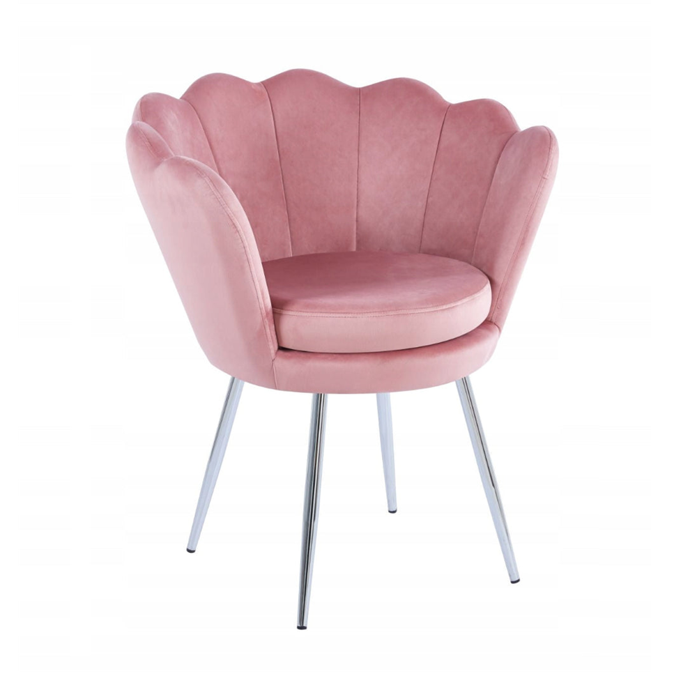 Fotoliu tapitat din catifea roz, stil glamour modern, picioare metalice crom argintiu