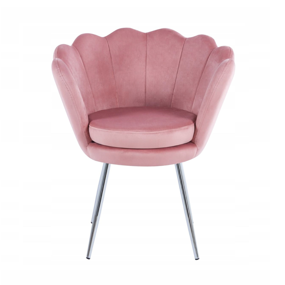 Fotoliu tapitat din catifea roz, stil glamour modern, picioare metalice crom argintiu