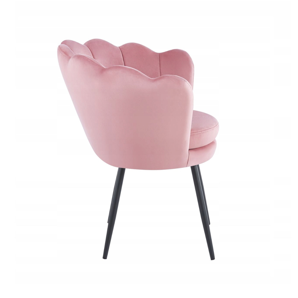 Fotoliu tapitat tip scoica din catifea roz, design modern Glamour, picioare metalice negre, 78x78 cm