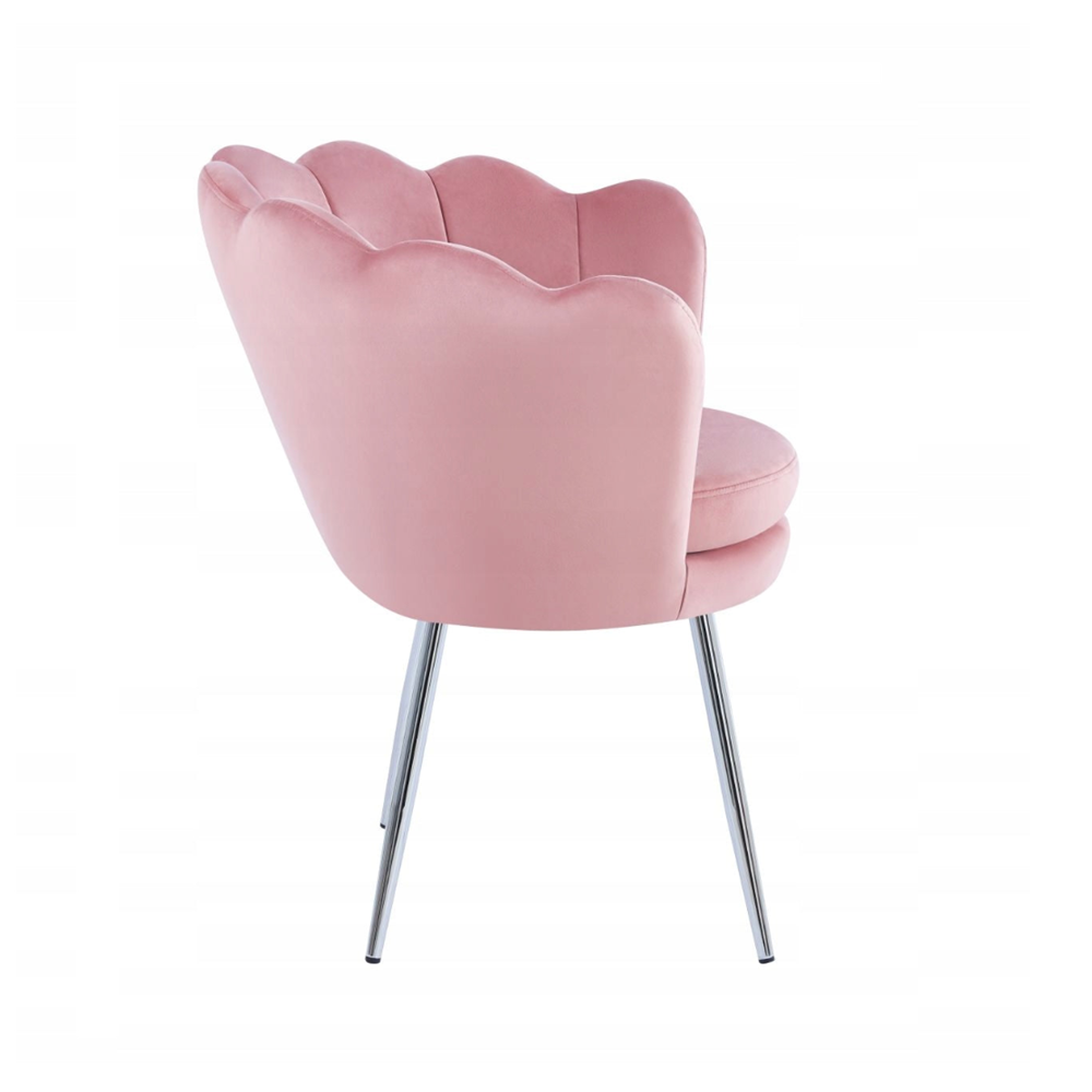 Fotoliu tapitat din catifea roz, stil glamour modern, picioare metalice crom argintiu