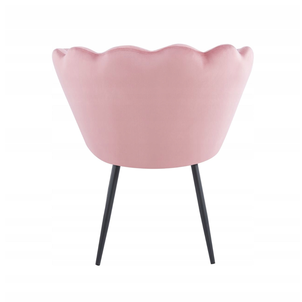 Fotoliu tapitat tip scoica din catifea roz, design modern Glamour, picioare metalice negre, 78x78 cm