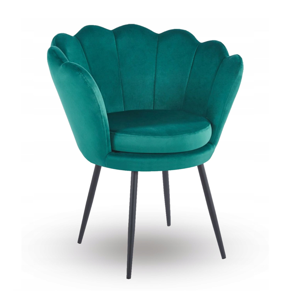 Fotoliu tapitat tip scoica din catifea verde, design modern Glamour, picioare metalice negre, 78x78 cm
