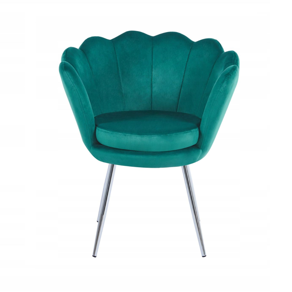 Fotoliu tapitat din catifea verde, stil glamour modern, picioare metalice crom argintiu
