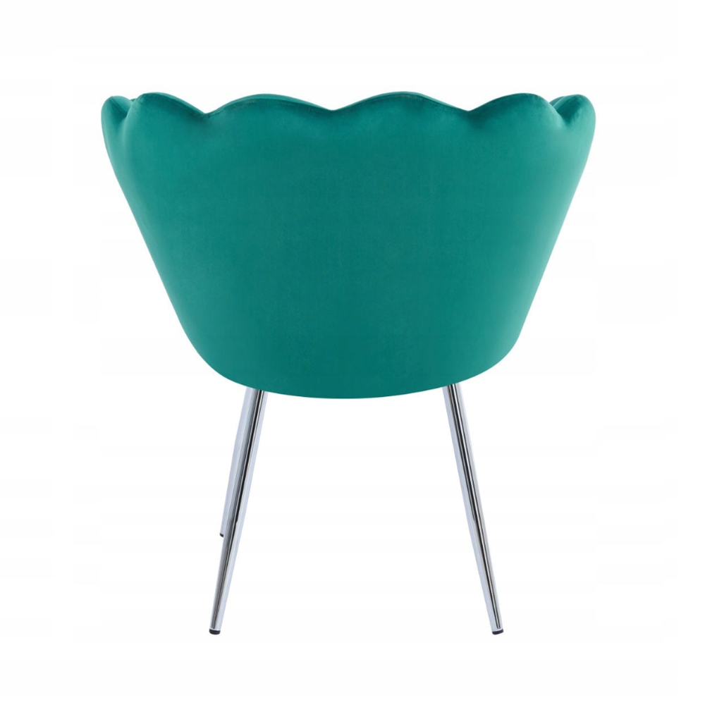 Fotoliu tapitat din catifea verde, stil glamour modern, picioare metalice crom argintiu