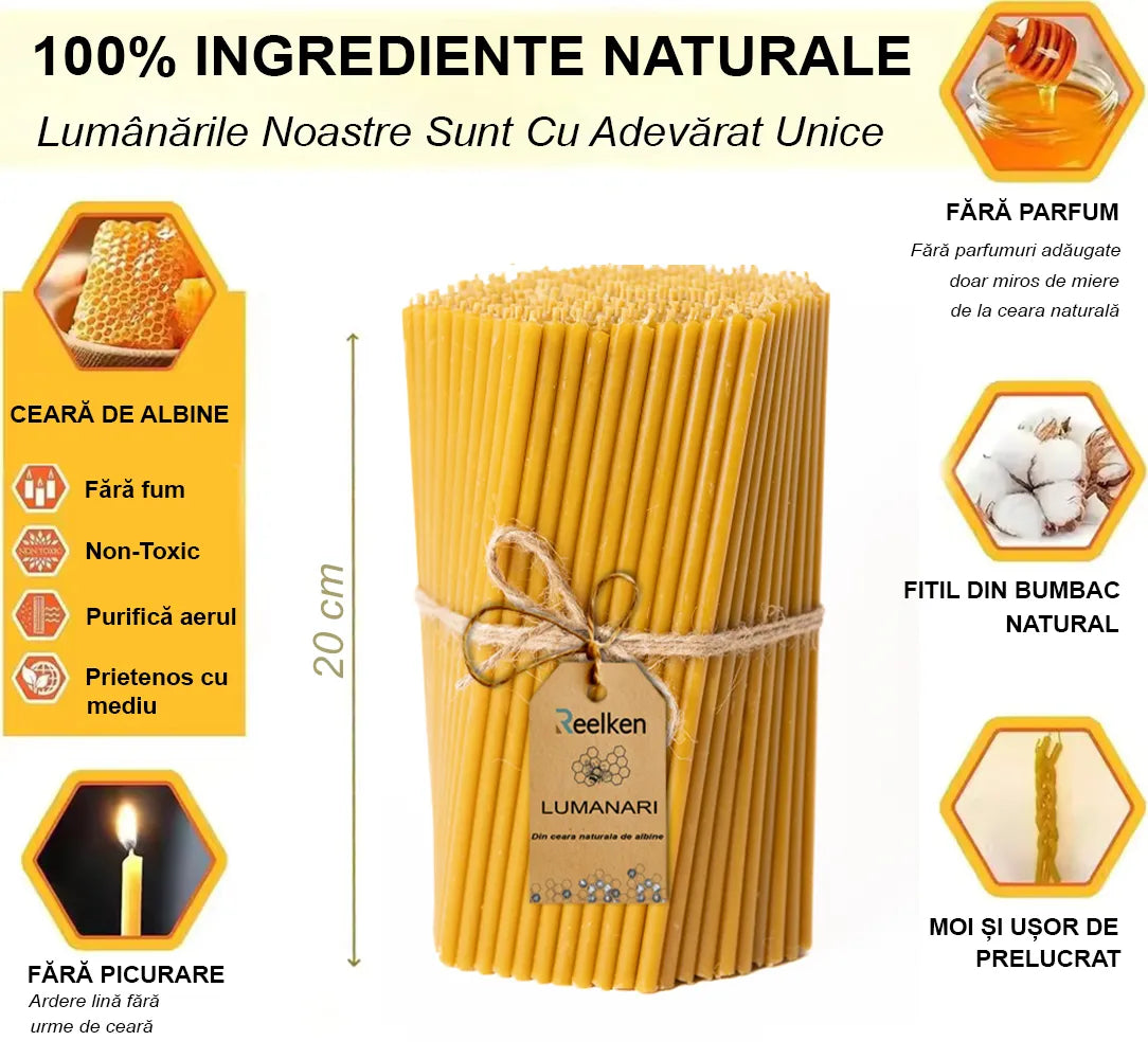 Bougies en cire d'abeille naturelle - 200 x 8 mm