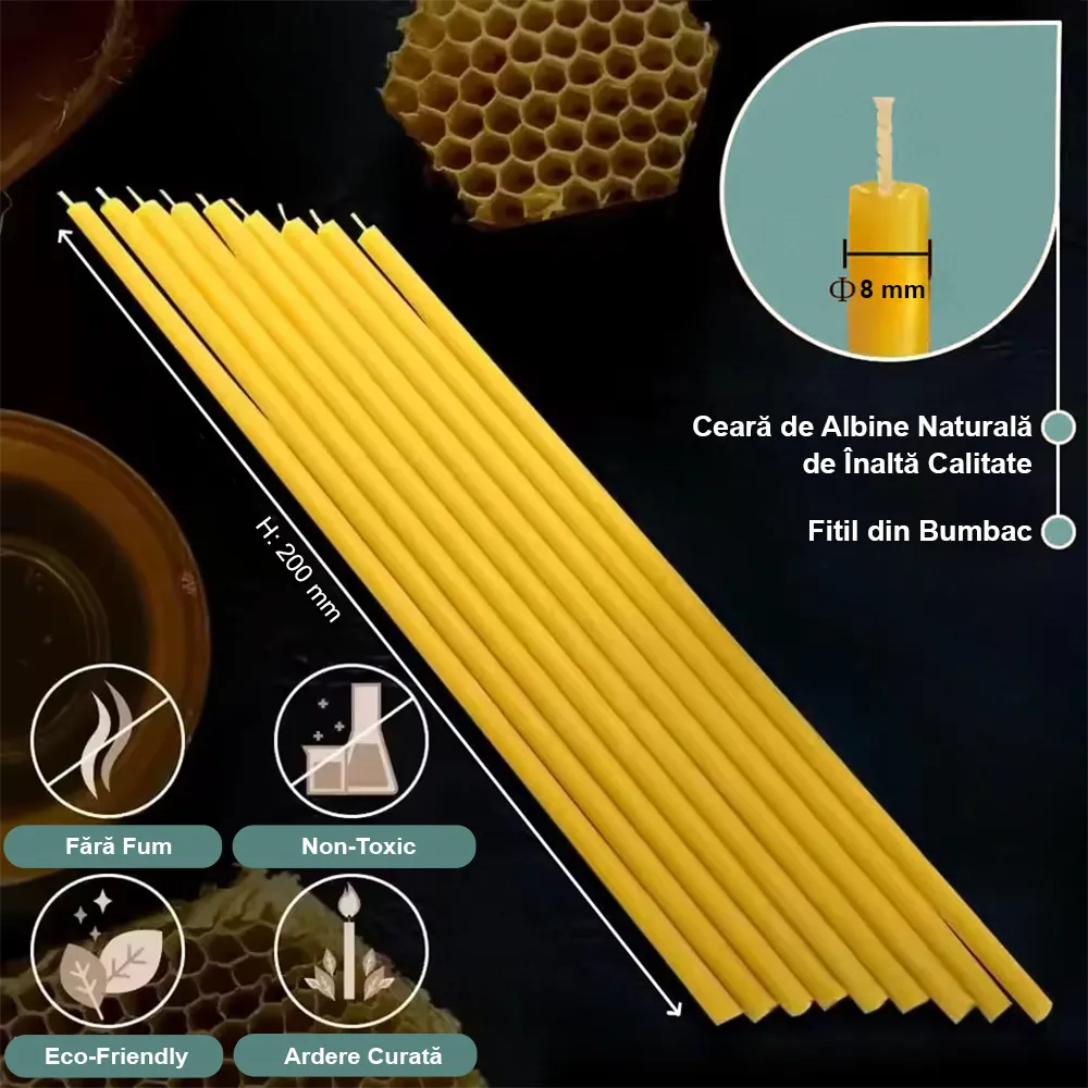 Bougies en cire d'abeille naturelle - 200 x 8 mm