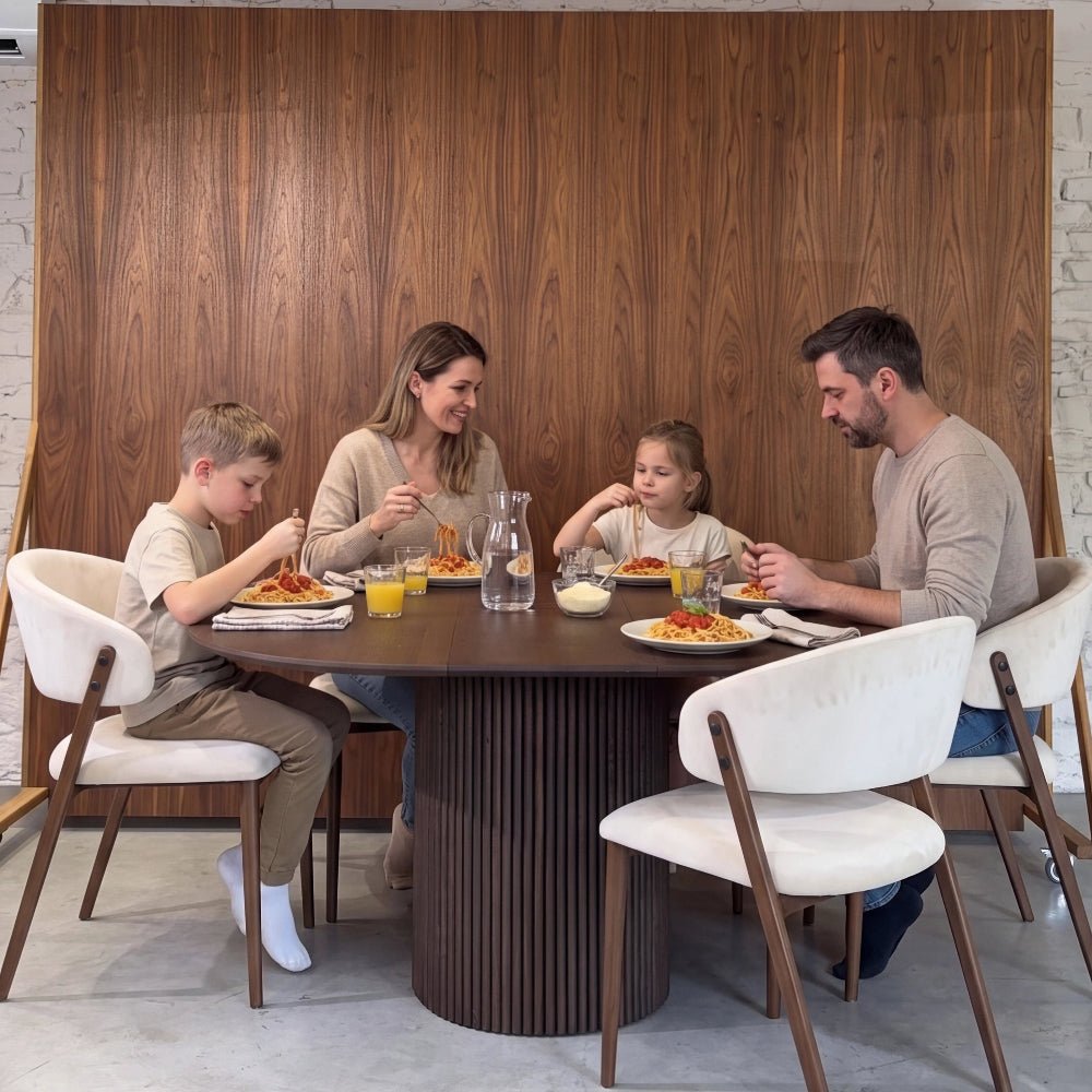 Masa rotunda extensibila din lemn masiv de stejar maro - 130 cm cu picior central rotund - Reelken