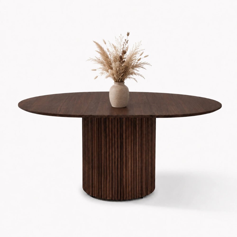 Masa rotunda extensibila din lemn masiv de stejar maro - 130 cm cu picior central rotund - Reelken