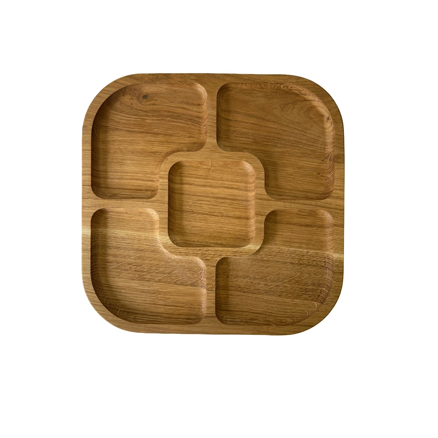Suport servire patrat din lemn de stejar cu 5 compartimente – eleganta si versatilitate pentru orice masa