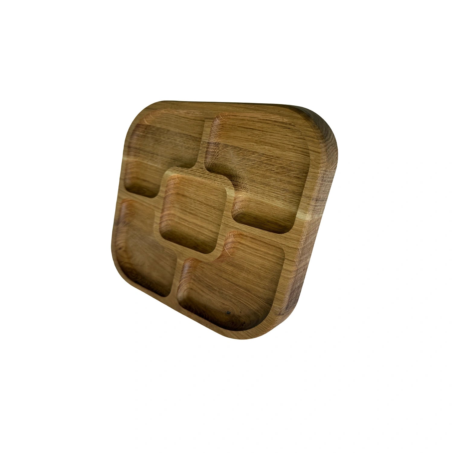 Suport servire patrat din lemn de stejar cu 5 compartimente – eleganta si versatilitate pentru orice masa