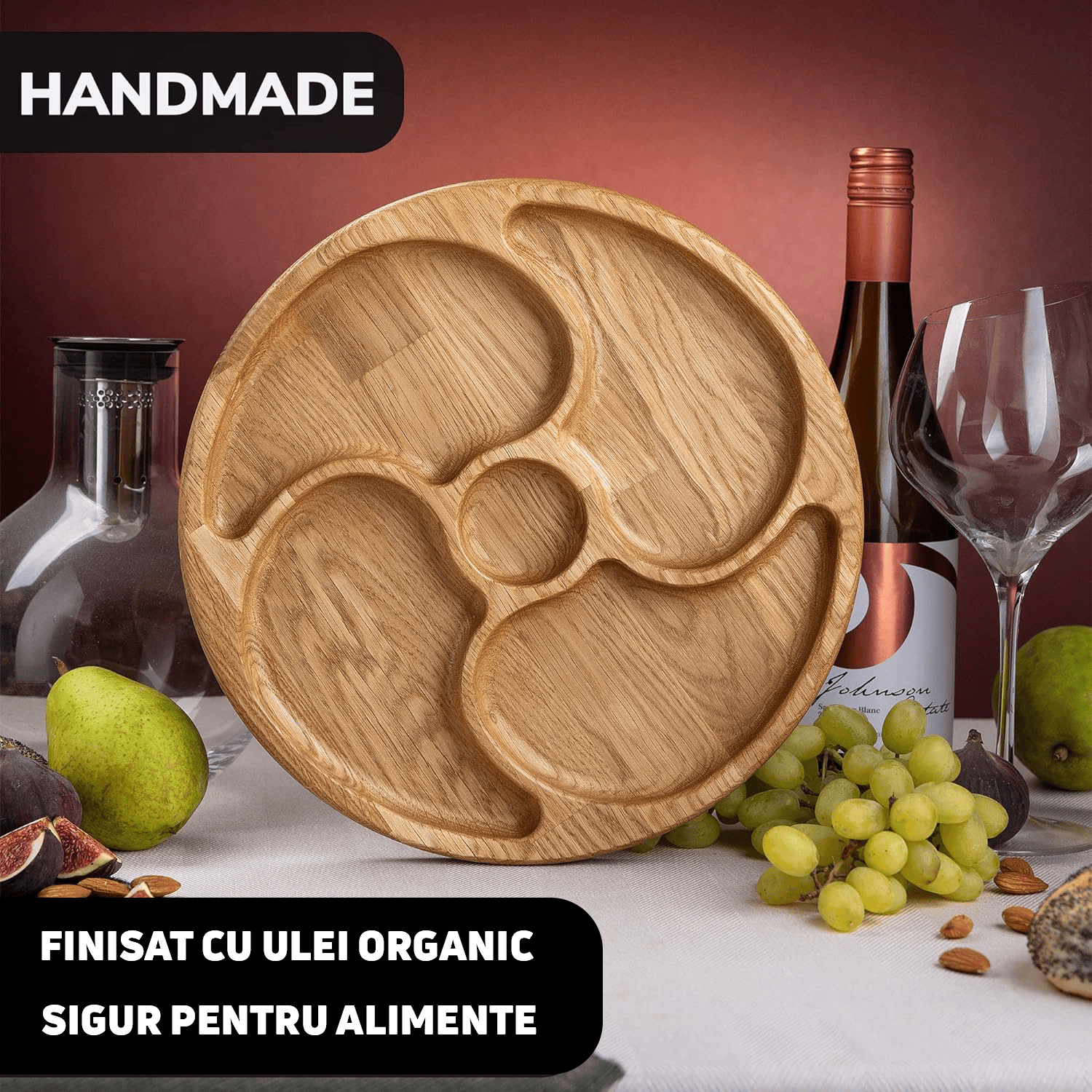 Platou pentru servire din lemn cu diametrul de 30 cm