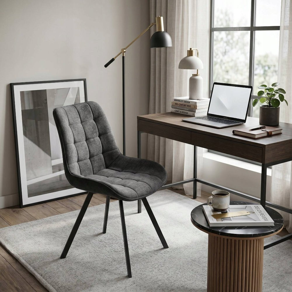 Scaun tapitat, catifea neagra matlasata, stil loft/modern glamour, picioare metalice negre mate - Reelken