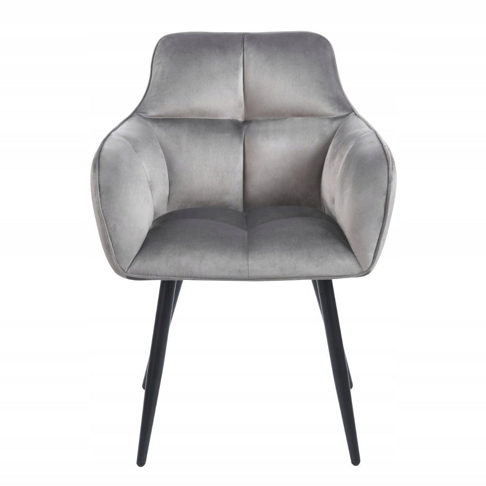 Scaun tapitat cu catifea, culoare gri, cu cotiere si spatar matlasat, stil modern/glamou, picioare metalice negre, 85 cm, - Reelken