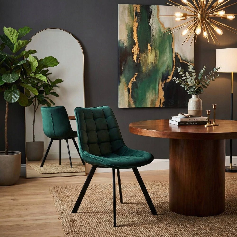 Scaun tapitat din catifea, culoare verde, picioare metalice negre, stil loft, pentru living si dining, 84 cm - Reelken