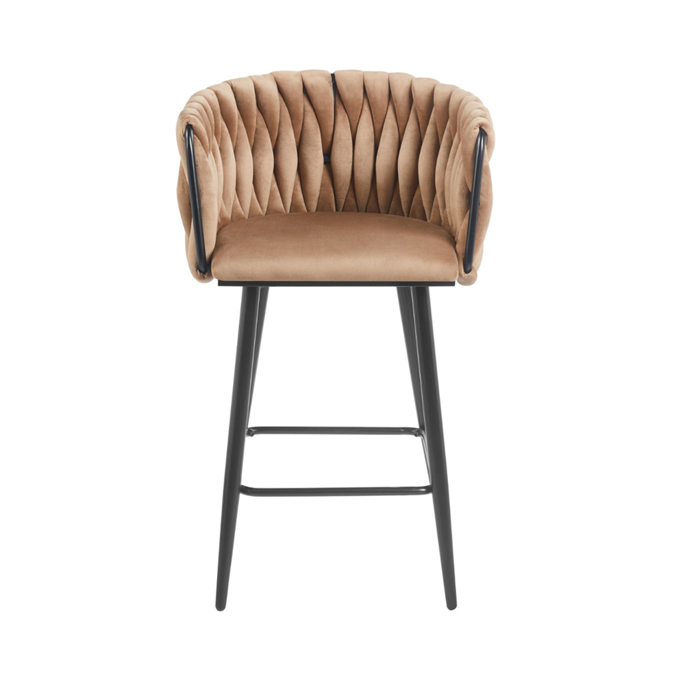 Scaun de bar (hoker), catifea/velur cappucino, spatar impletit, cadru metalic negru, 64 cm