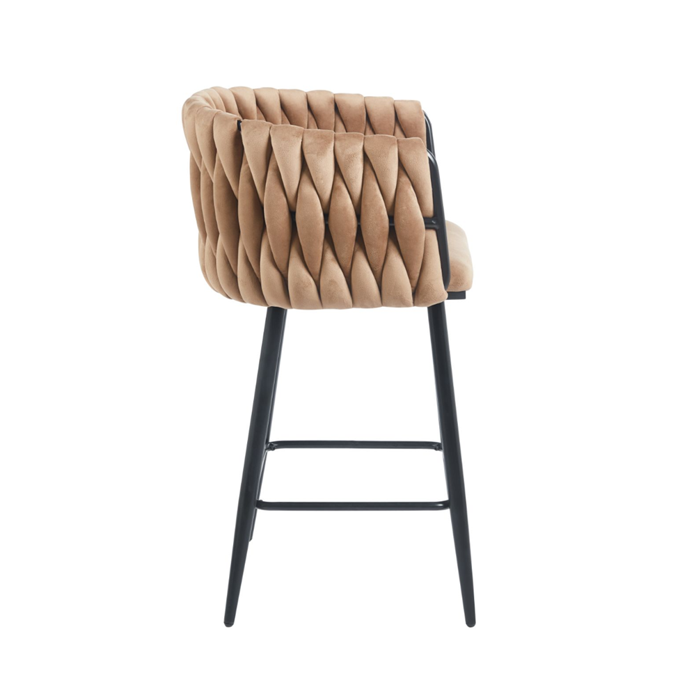 Scaun de bar (hoker), catifea/velur cappucino, spatar impletit, cadru metalic negru, 64 cm