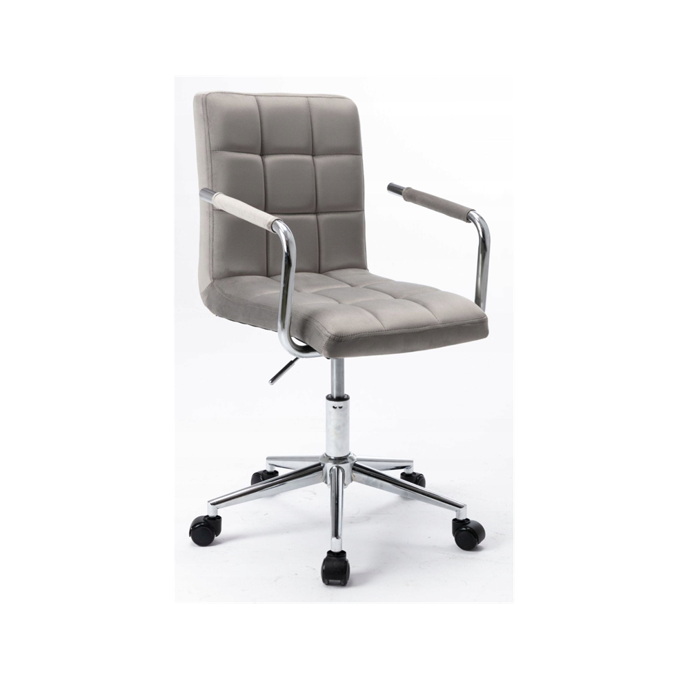 Scaun de birou rotativ, catifea velur gri, cu spatar matlasat, inaltime reglabila, baza metalica cromata, 42–52 cm
