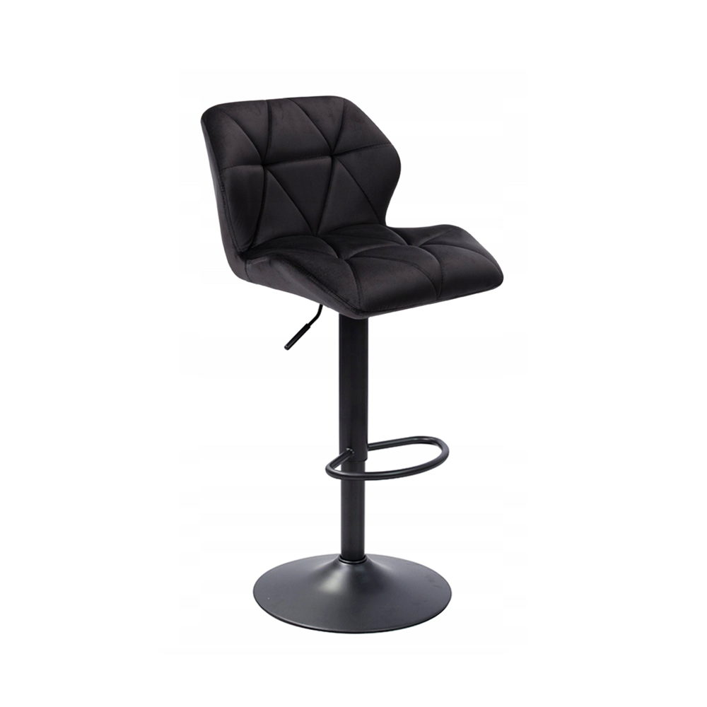 Scaun de bar reglabil cu spatar, catifea neagra, baza metalica vopsita electrostatic, pentru bucatarie si insula bar, sezut 60–82 cm