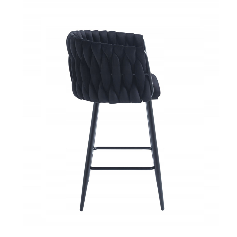 Scaun de bar (hoker), catifea/velur neagra, spatar impletit, cadru metalic negru, 64 cm