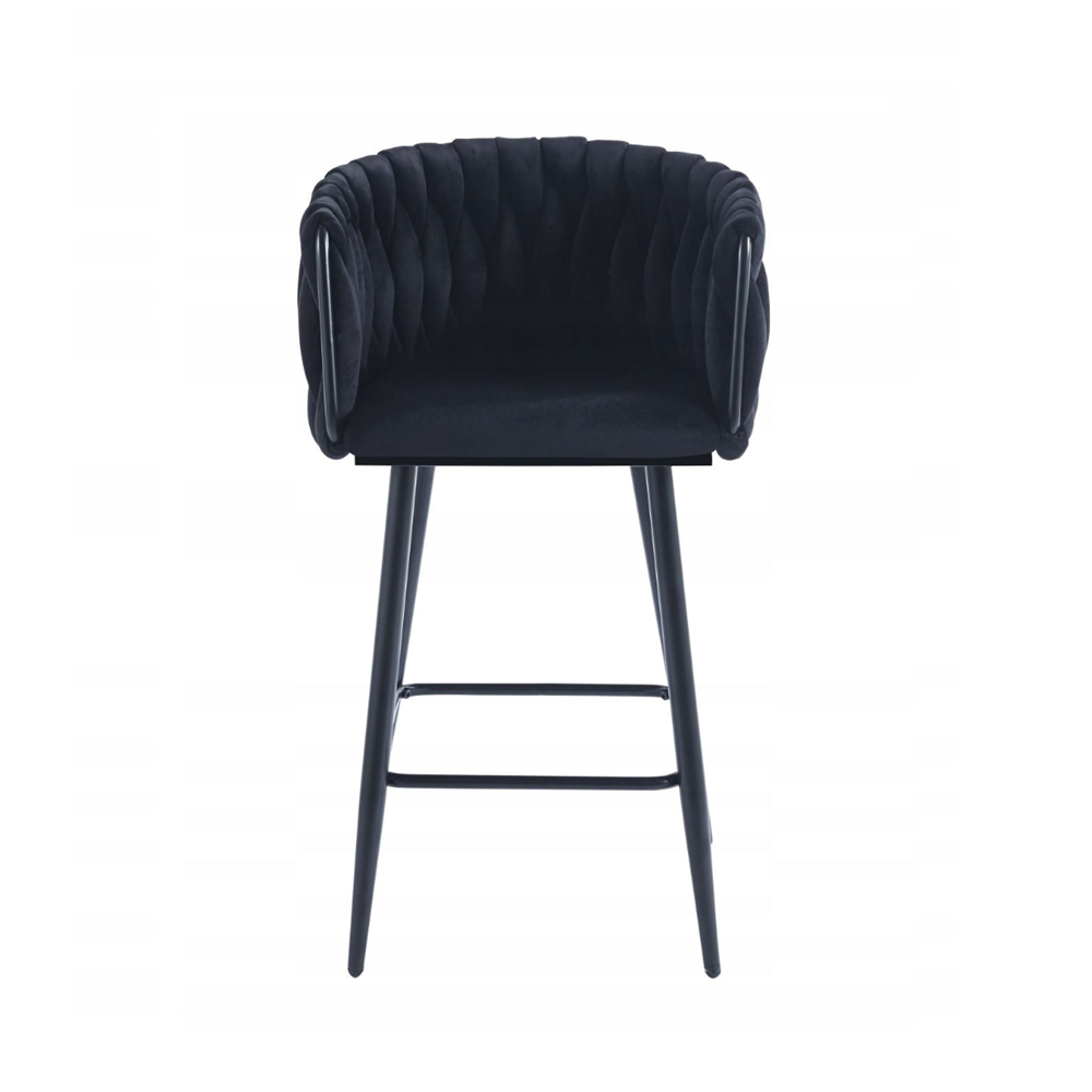 Scaun de bar (hoker), catifea/velur neagra, spatar impletit, cadru metalic negru, 64 cm
