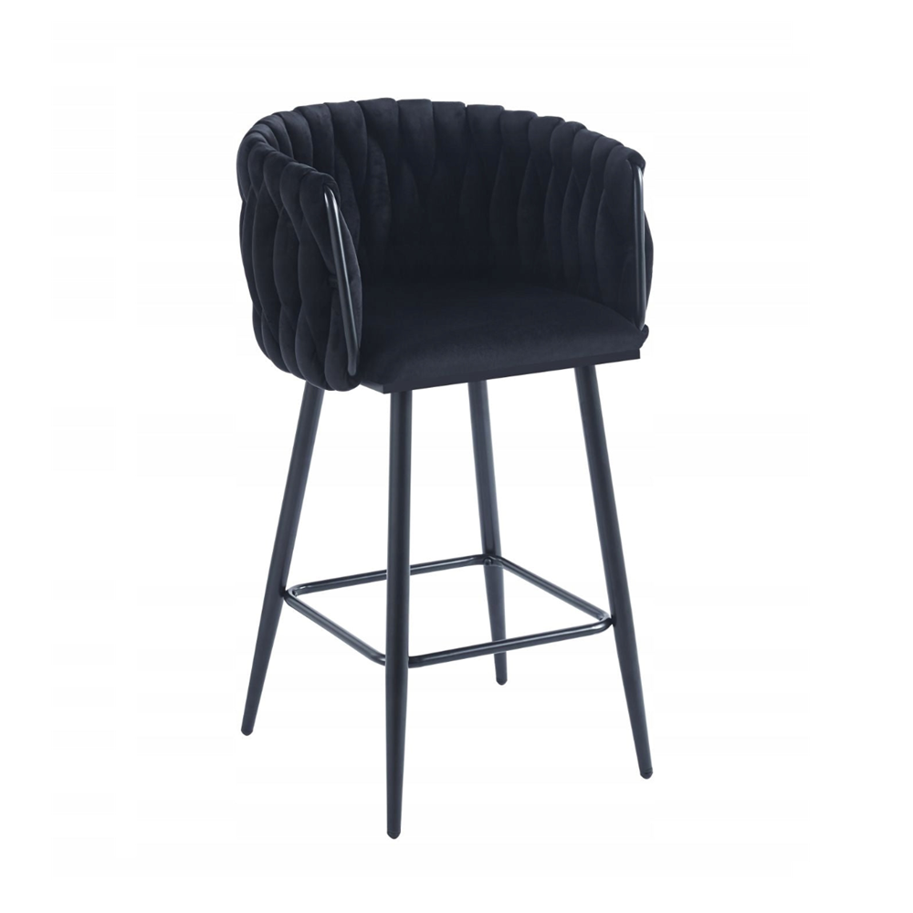 Scaun de bar (hoker), catifea/velur neagra, spatar impletit, cadru metalic negru, 64 cm