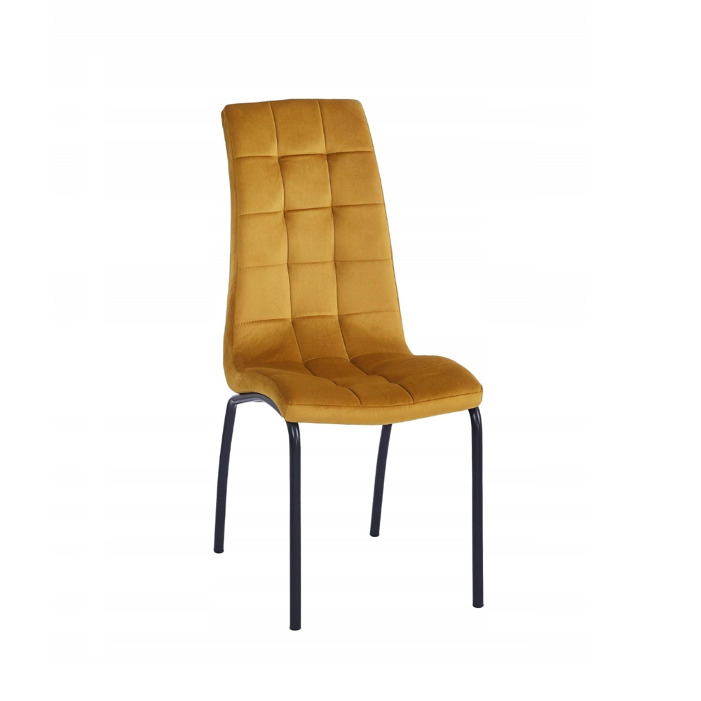 Scaun tapițat, catifea velvet curry, picioare metalice negre, stil scandinav, înălțime 102 cm, șezut 49 cm