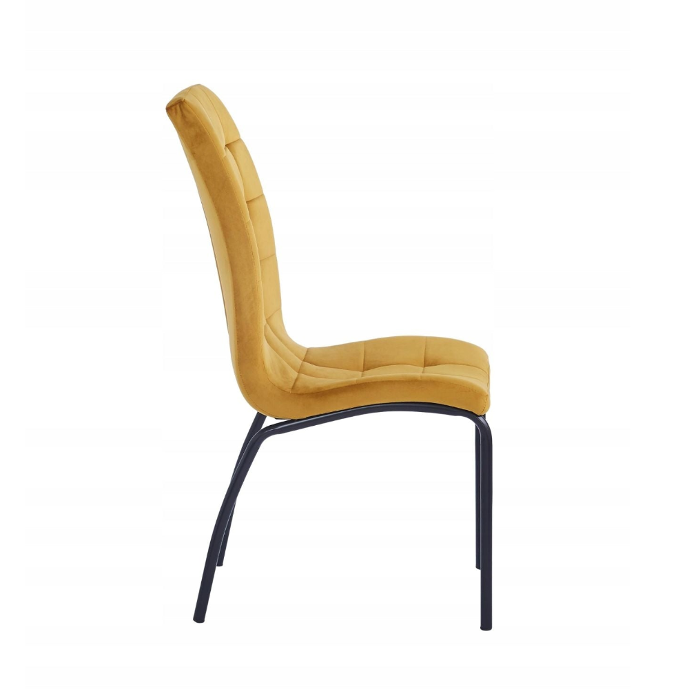 Scaun tapițat, catifea velvet curry, picioare metalice negre, stil scandinav, înălțime 102 cm, șezut 49 cm