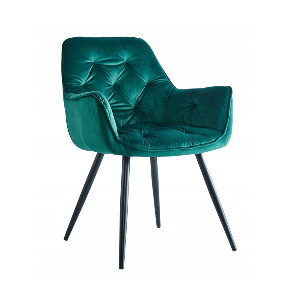 Scaun tapitat din catifea verde, spatar matlasat, picioare metalice negre, pentru living și dining, 83 cm