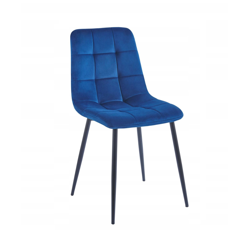 Scaun tapitat din catifea albastra, spatar matlasat, picioare metalice negre, pentru dining/birou, 87 cm
