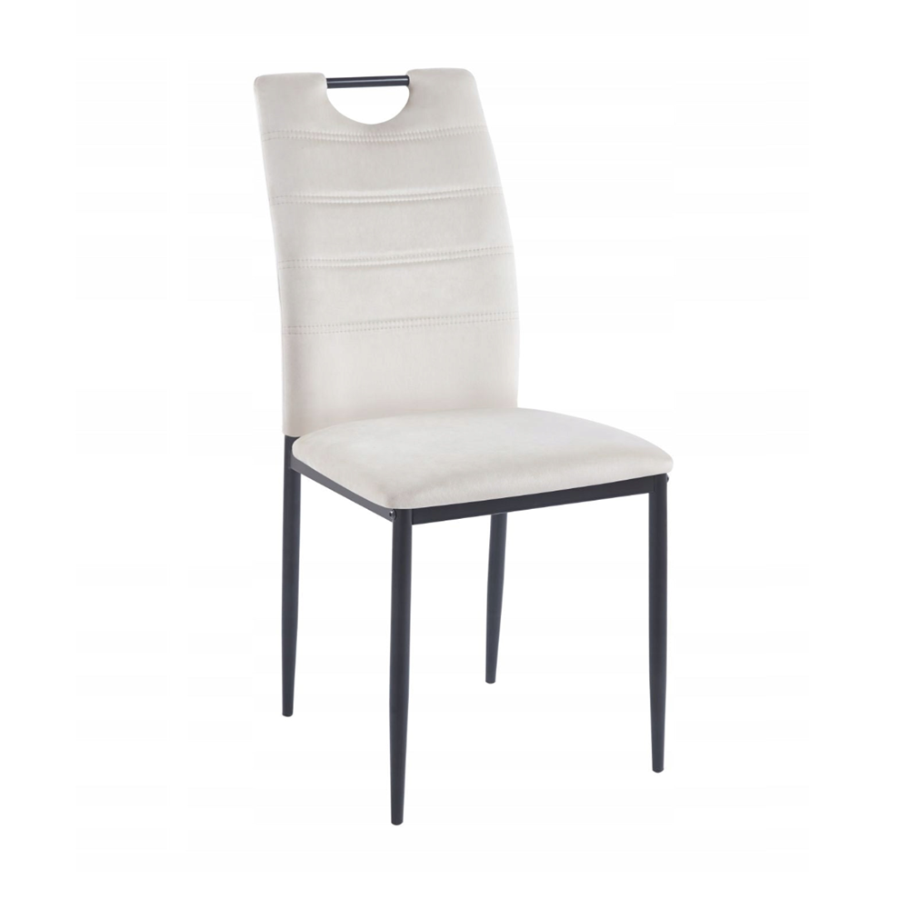 Scaun tapitat din catifea bej deschis, cu maner pe spatar, picioare metalice negre, pentru living/birou, 92 cm