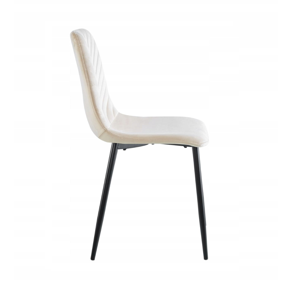 Scaun tapitat din catifea bej deschis, spatar matlasat, picioare metalice negre, pentru dining/birou, 87 cm