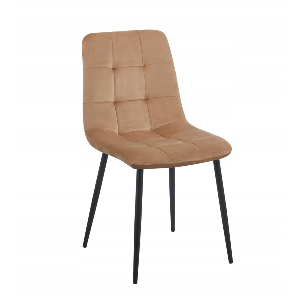Scaun tapitat din catifea cappucino, spatar matlasat, picioare metalice negre, pentru dining/birou, 87 cm