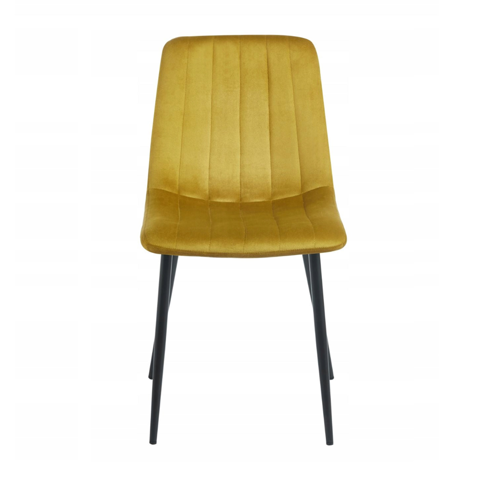 Scaun de dining, tapitat cu catifea velvet culoare curry, picioare metalice negre, stil modern glamour, 87 cm