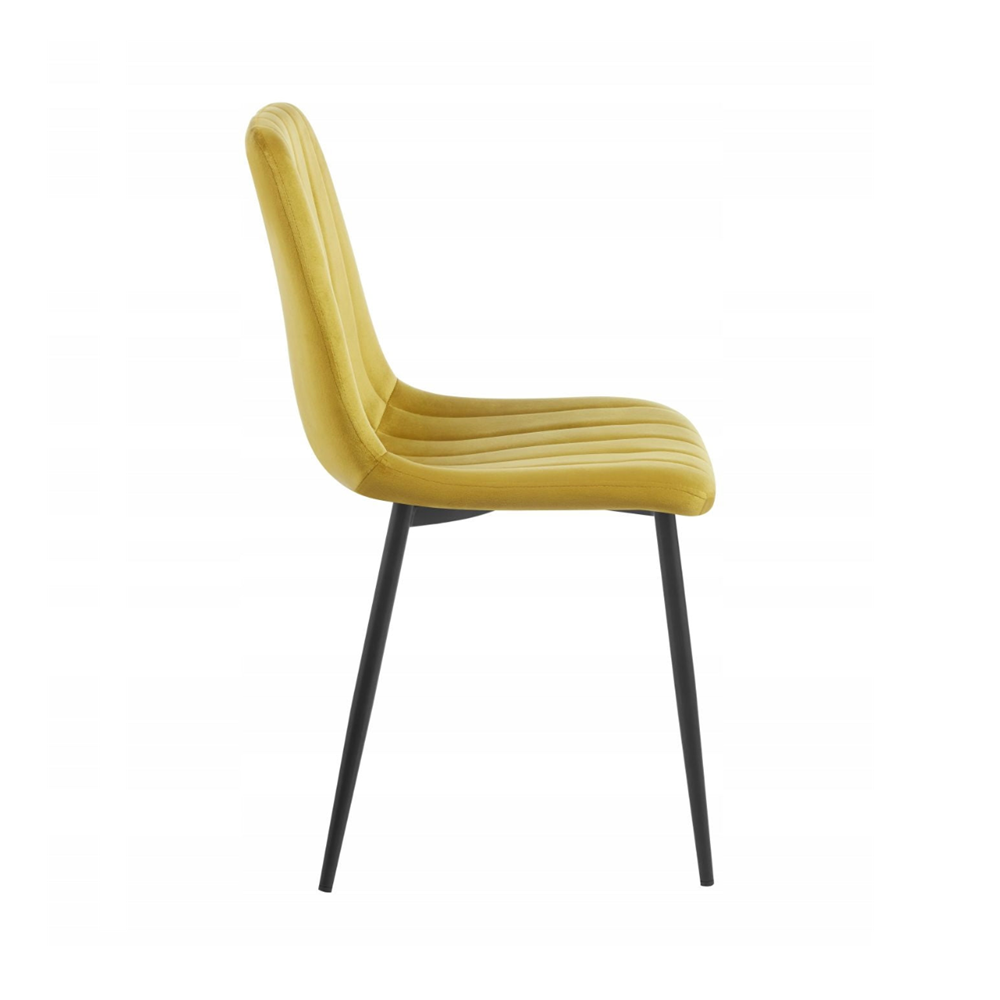 Scaun de dining, tapitat cu catifea velvet culoare curry, picioare metalice negre, stil modern glamour, 87 cm