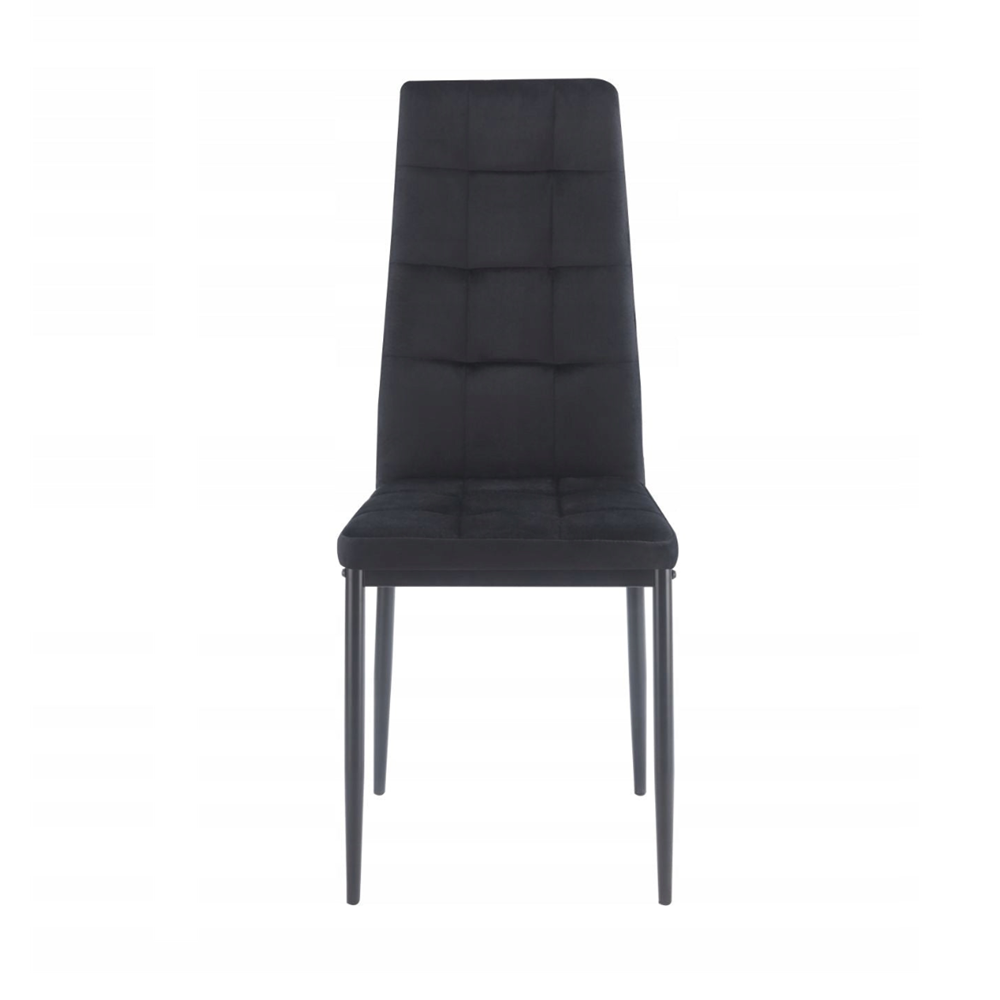 Scaun tapitat din catifea neagra, design modern, spatar matlasat, picioare metalice negre, pentru living, dining sau birou
