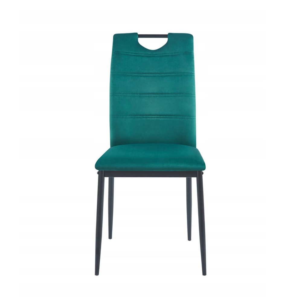 Scaun tapitat, catifea verde, picioare metalice negre, stil loft, cu maner pe spatar, pentru bucatarie/sufragerie/birou, 92 cm