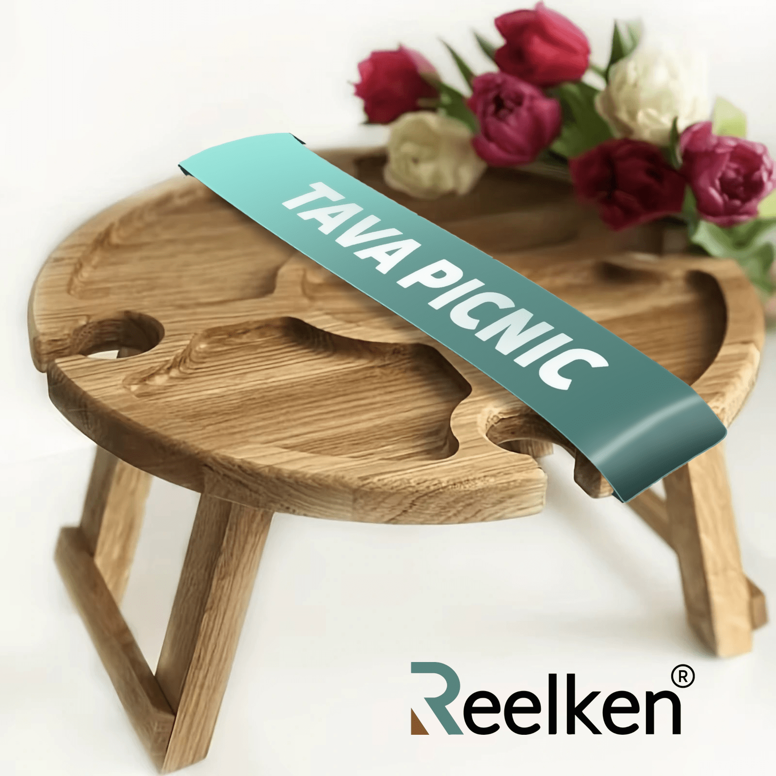 Platou pliabil picnic din lemn cu suport pahare - Φ 30 cm